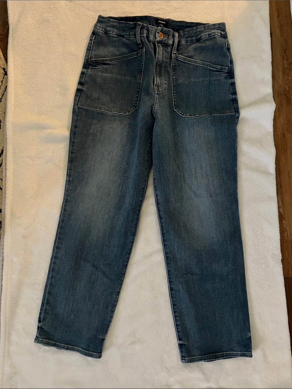 Express Women's Dark Blue Straight-Leg Jeans. Rexx Super Stretch.